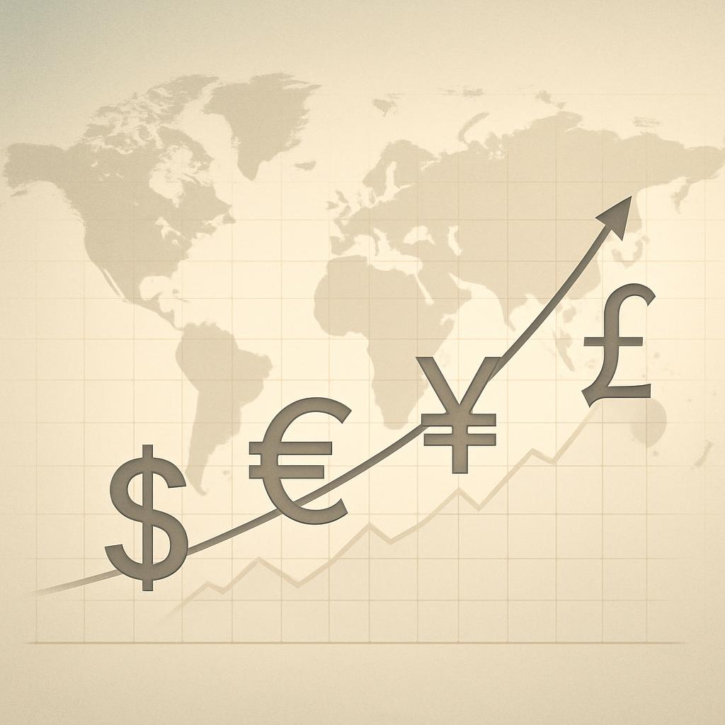 Animated image of the world map and money symbol IconData (png) which shows the rising trend of currency for money perspec...