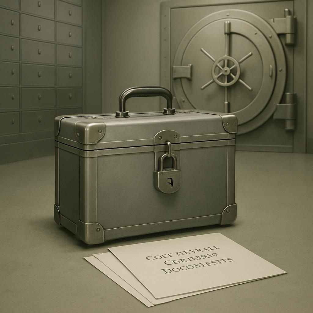 A metal briefcase sits in front of a large vault door, accompanied by two cards labeled "COFF TREVRAI CERTIFICATE OF DOCON...