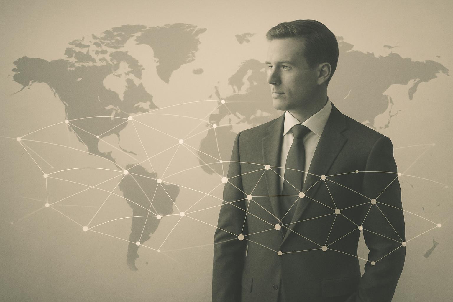 A man in a suit stands in front of a world map, with a network of dots connected by lines superimposed over the image.