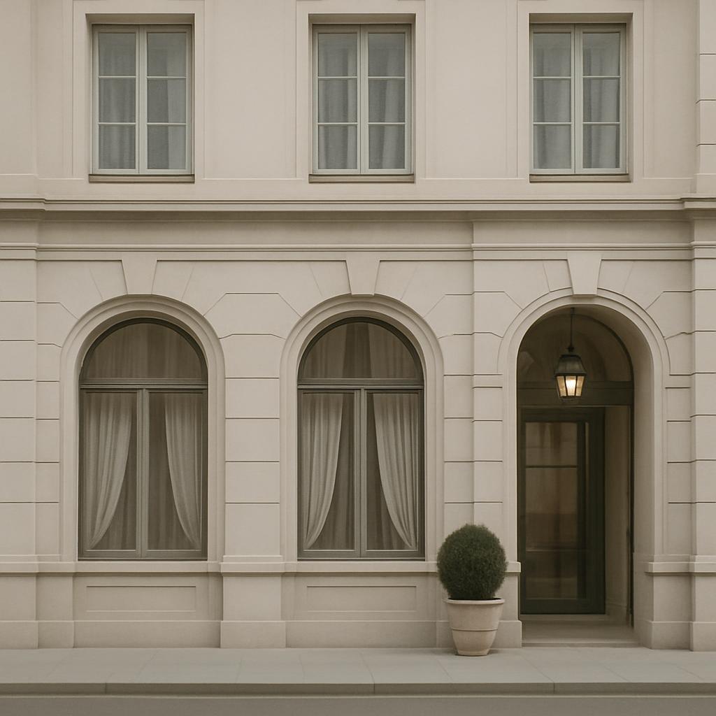 A white building with three arched windows and an arched doorway, featuring a potted plant at the entrance and a hanging l...