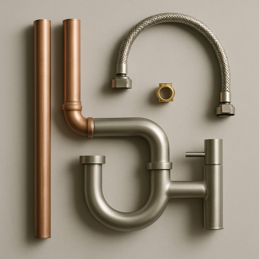the image depicts a collection of plumbing pipes and fittings.