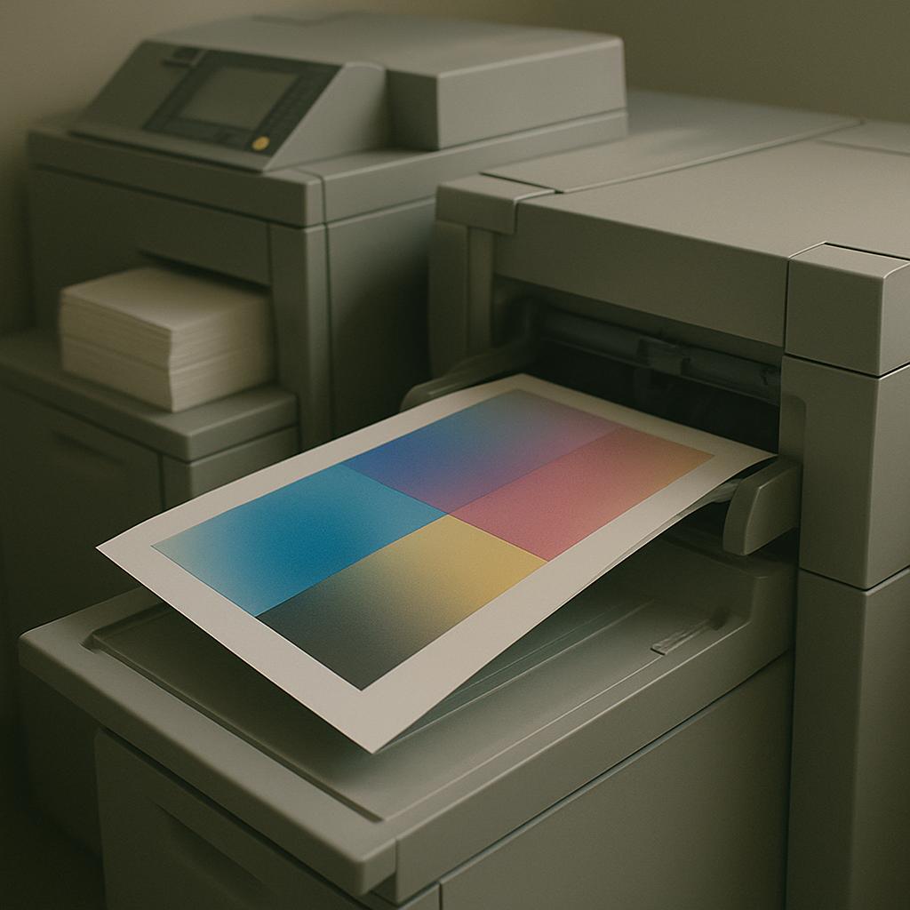 A gray printer filled with paper and color swatches.